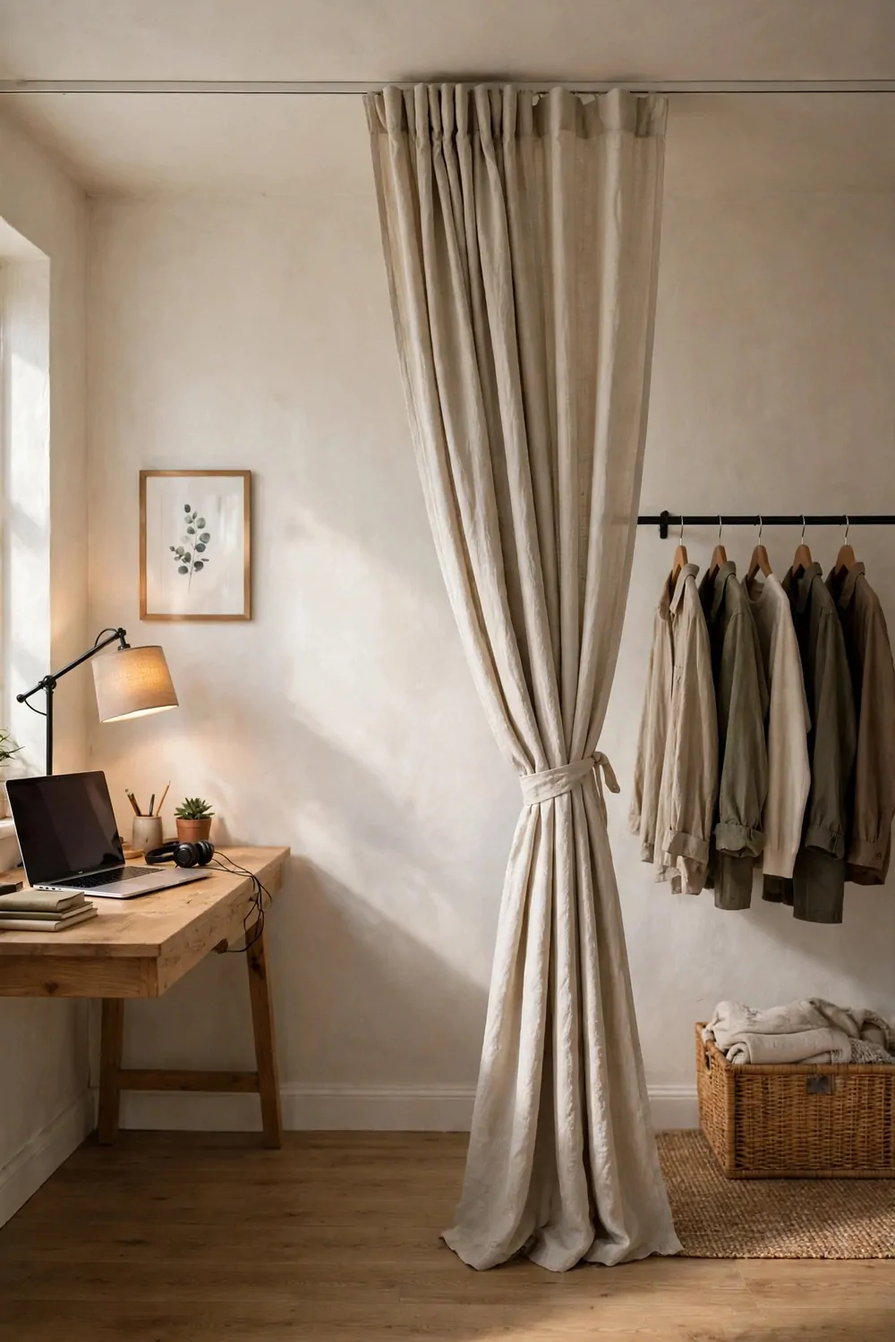 15 Office and Closet Combo Room Setups That Work Twice as Hard 8 A linen curtain tied back between a wooden desk with a laptop and lamp and a clothes rail with hanging shirts