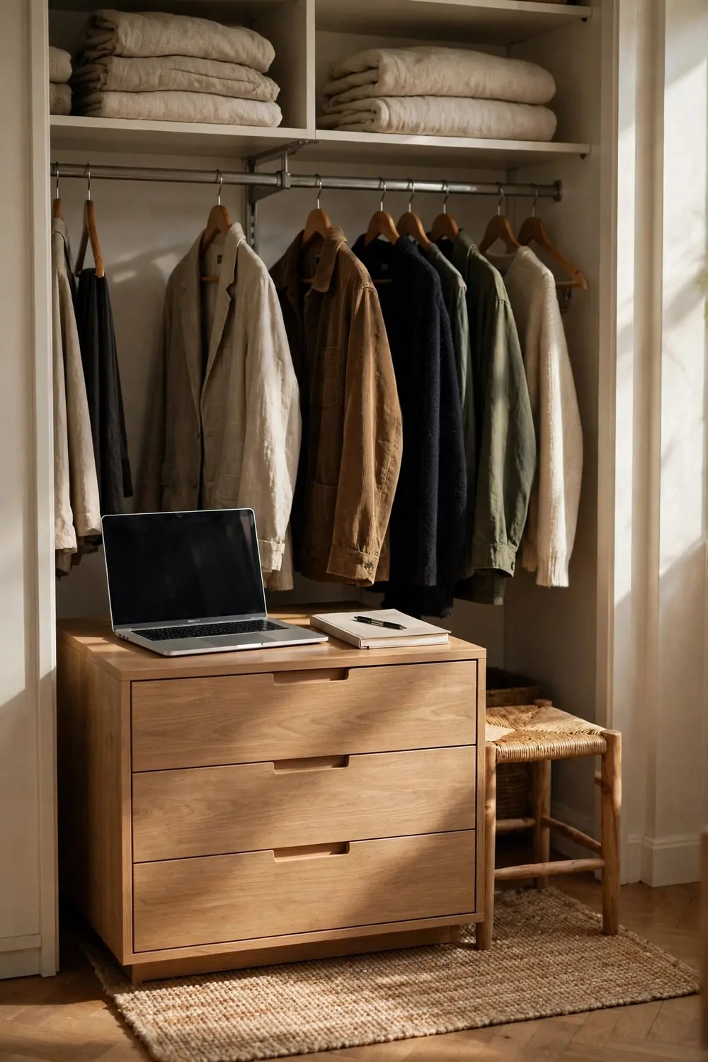 15 Office and Closet Combo Room Setups That Work Twice as Hard 9 A low wooden drawer unit used as a desk with a laptop and notebook, a woven stool beside it, and clothes hanging on a rail behind