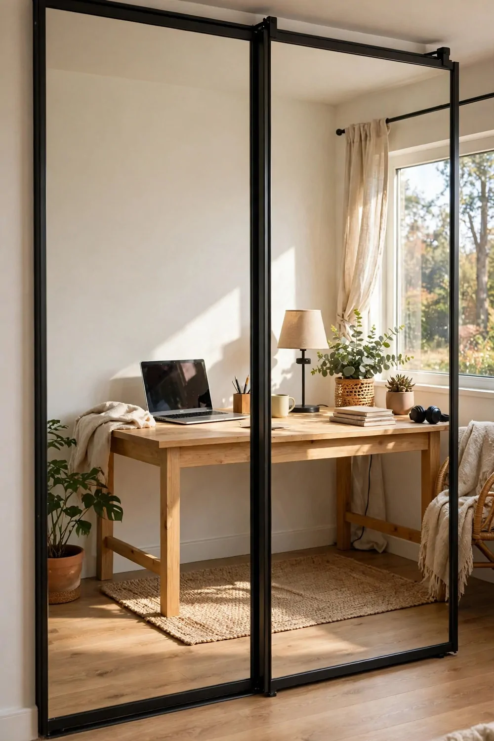 15 Office and Closet Combo Room Setups That Work Twice as Hard 10 Mirrored closet doors reflecting a bright wooden desk with a laptop, lamp and plants by a window