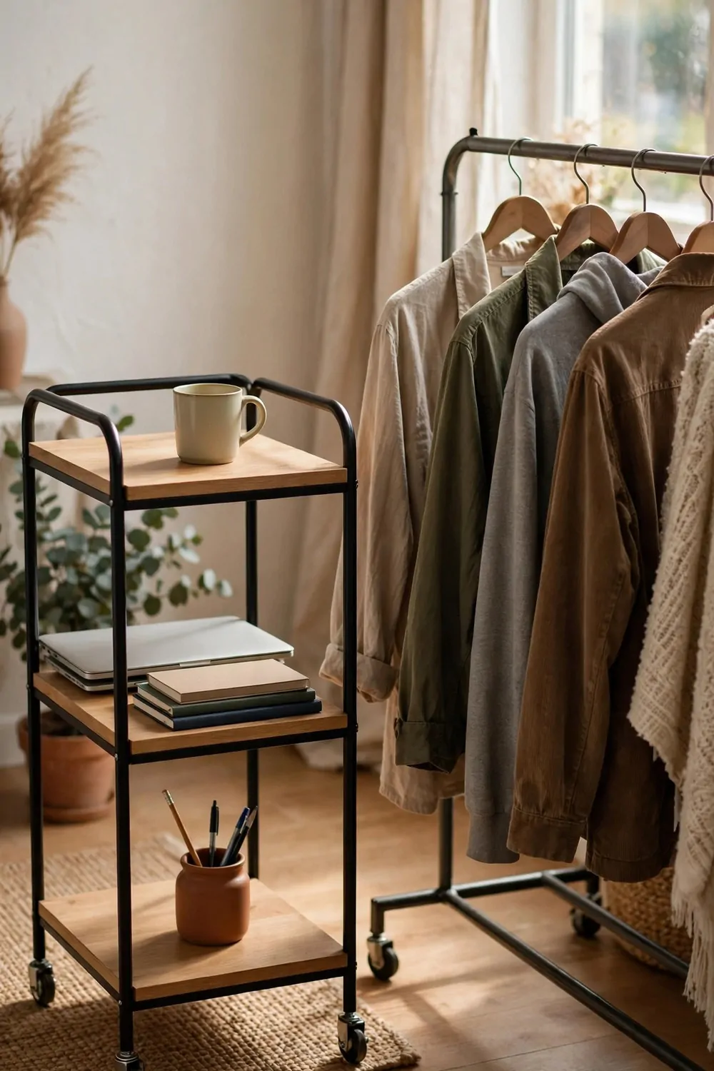 15 Office and Closet Combo Room Setups That Work Twice as Hard 11 A three-shelf rolling cart with a mug, closed laptop, notebooks and pen pot parked beside a clothes rail with hanging shirts