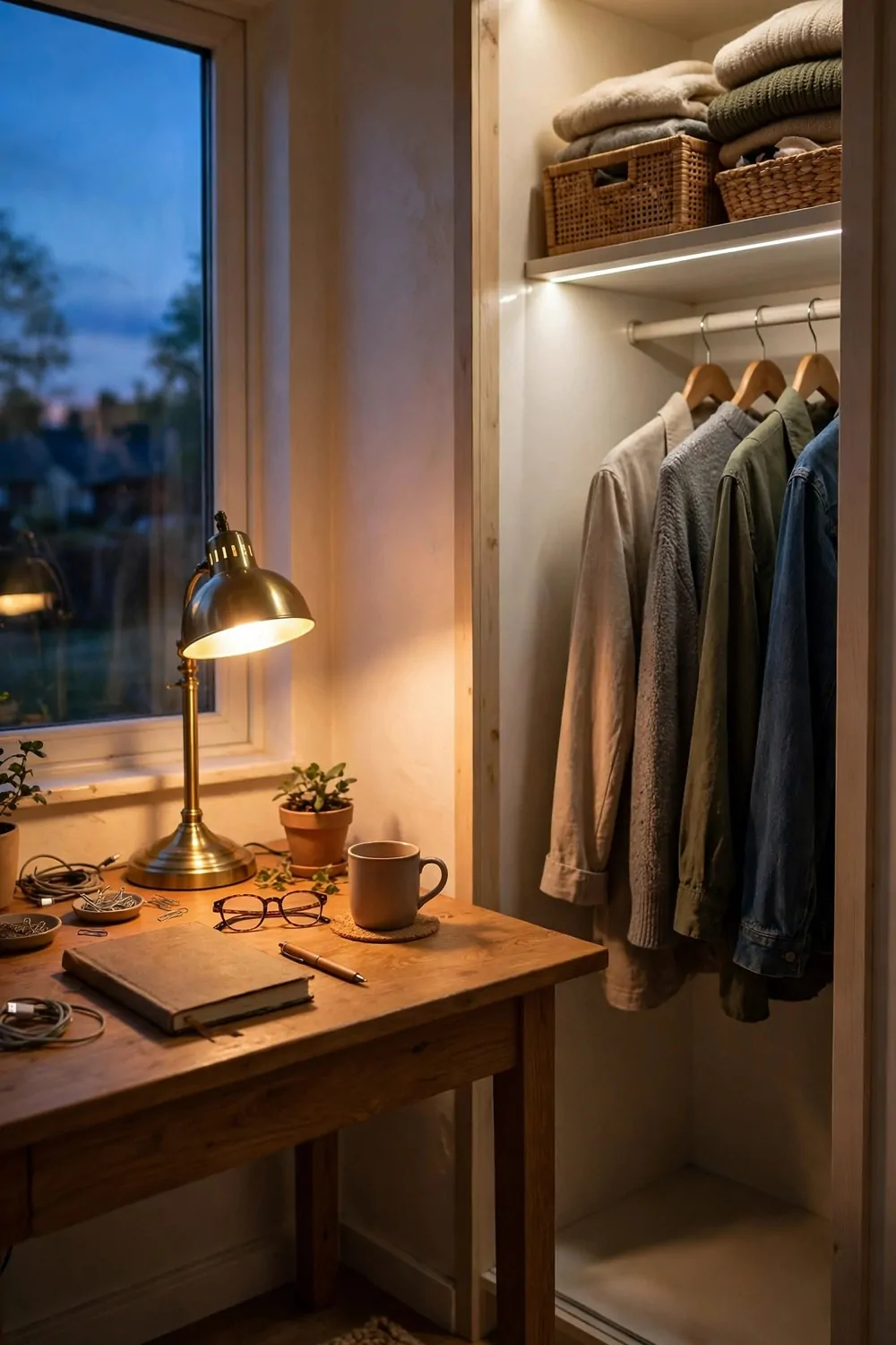 15 Office and Closet Combo Room Setups That Work Twice as Hard 12 A brass desk lamp glowing at dusk beside an open closet with an LED strip lighting hanging shirts