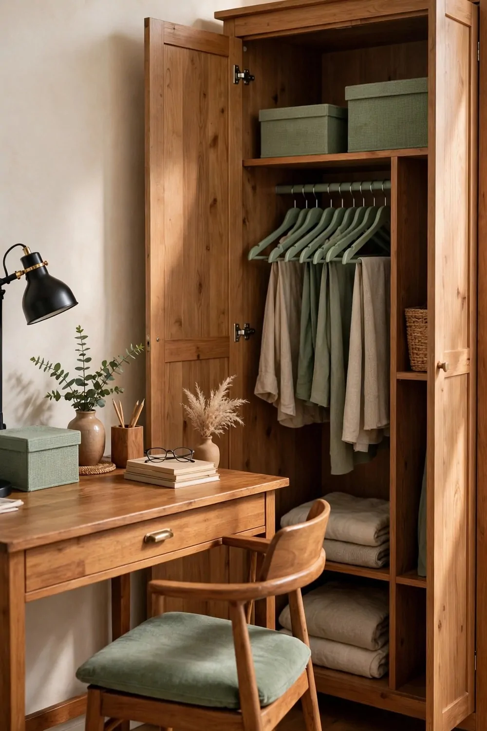 15 Office and Closet Combo Room Setups That Work Twice as Hard 13 A wooden desk and wardrobe tied together by sage green storage boxes, hangers and a chair cushion