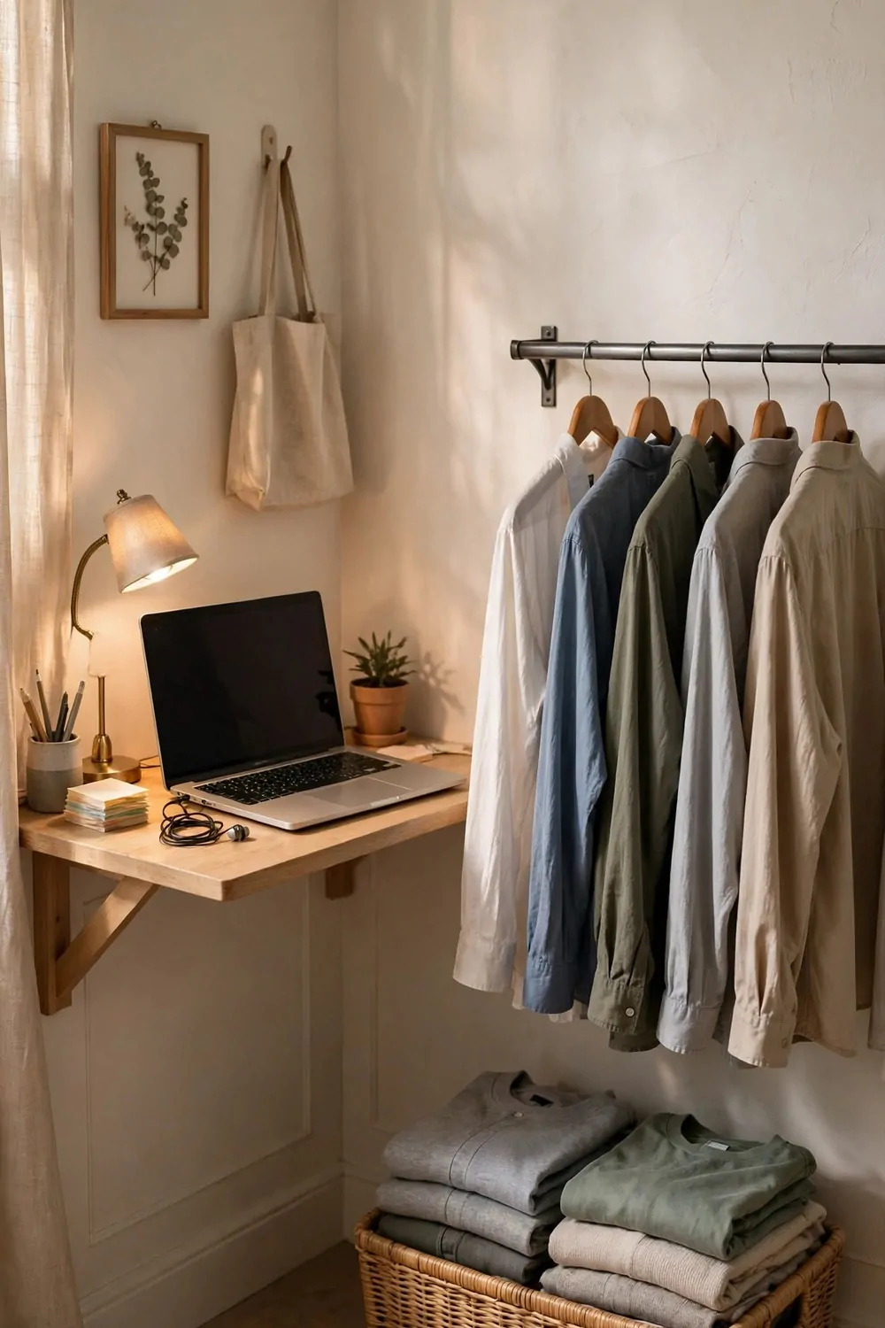15 Office and Closet Combo Room Setups That Work Twice as Hard 14 A tiny corner with a wall-mounted desk, laptop and small lamp beside a short rail with five shirts and a basket of folded clothes below