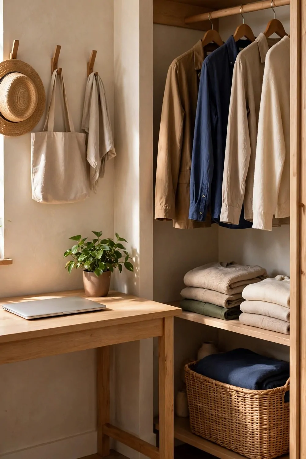 15 Office and Closet Combo Room Setups That Work Twice as Hard 15 A tidy combo room with a cleared desk, closed laptop and plant, straight hanging clothes, folded stacks and a woven basket
