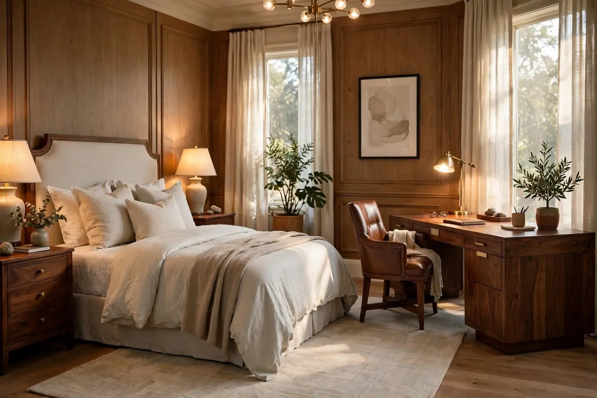 A master bedroom office that feels luxe, rich wood desk with a proper chair, made bed with pale bedding, layered warm light, soft morning light