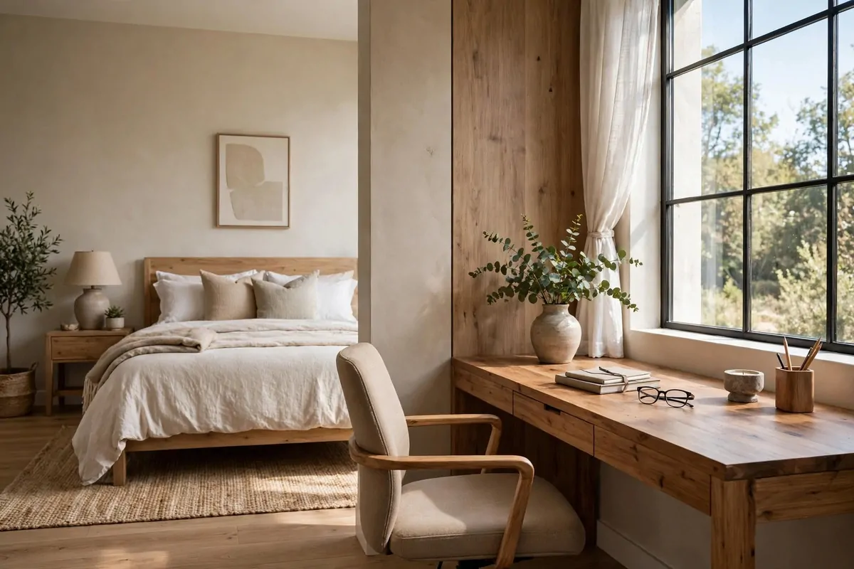 15 Office in Bedroom Master Layouts That Feel Luxe 1 A real wood desk against the best wall of a master bedroom by a bright window, proper chair, made bed across the room