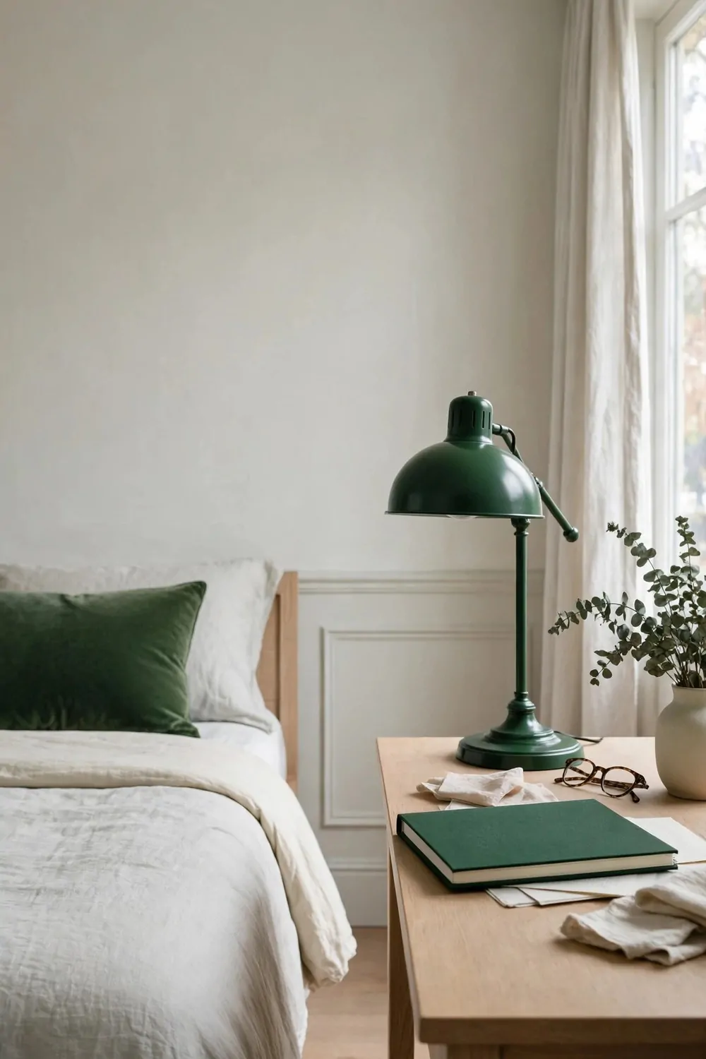 15 Office in Bedroom Master Layouts That Feel Luxe 2 A deep green desk lamp, green cushion on a bed and a green notebook on a desk in a pale master bedroom, one rich colour three times