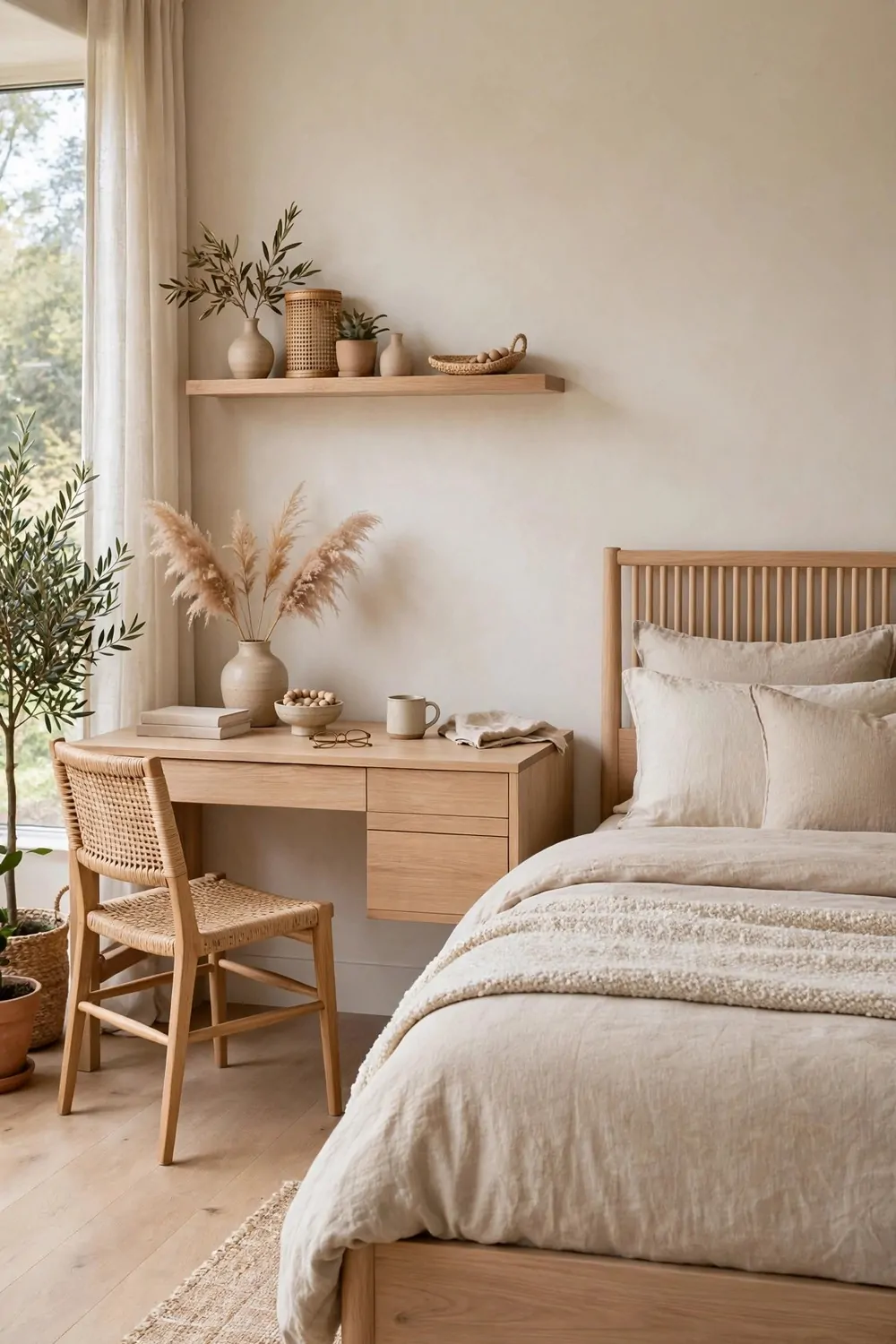 15 Office in Bedroom Master Layouts That Feel Luxe 3 Matching pale oak wood tones, desk, bed frame and wall shelf all in the same light warm wood in a master bedroom
