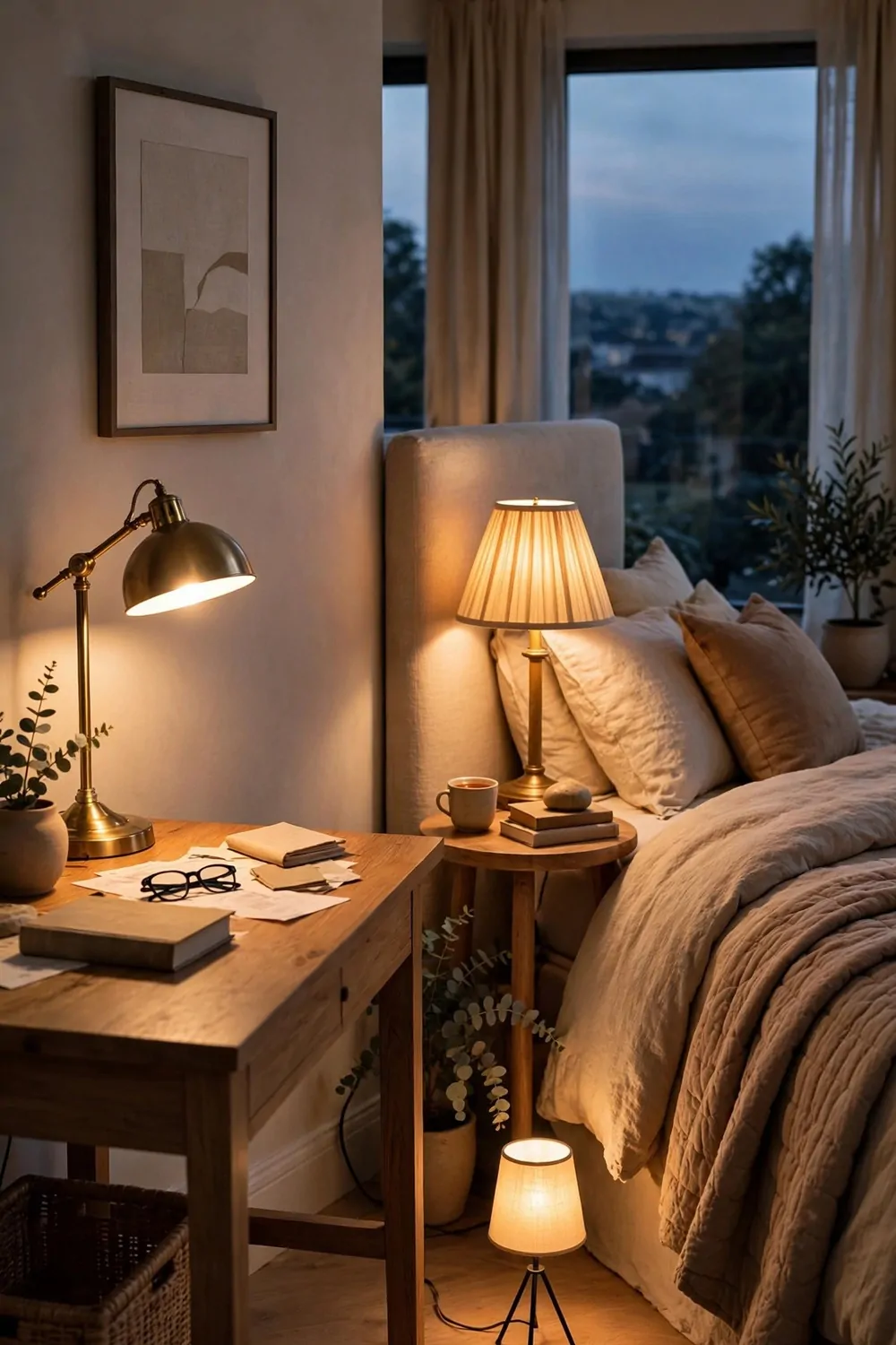 15 Office in Bedroom Master Layouts That Feel Luxe 4 Three lamps in a master bedroom at dusk, desk lamp, bedside lamp and small floor lamp, warm layered light