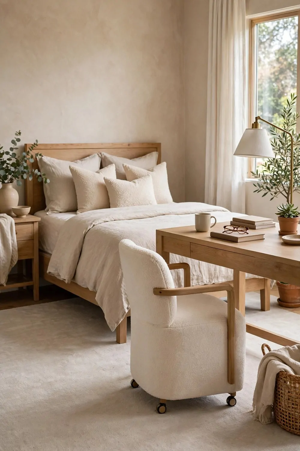 15 Office in Bedroom Master Layouts That Feel Luxe 5 A big pale rug under both a made bed and a desk chair in a master bedroom, soft low pile