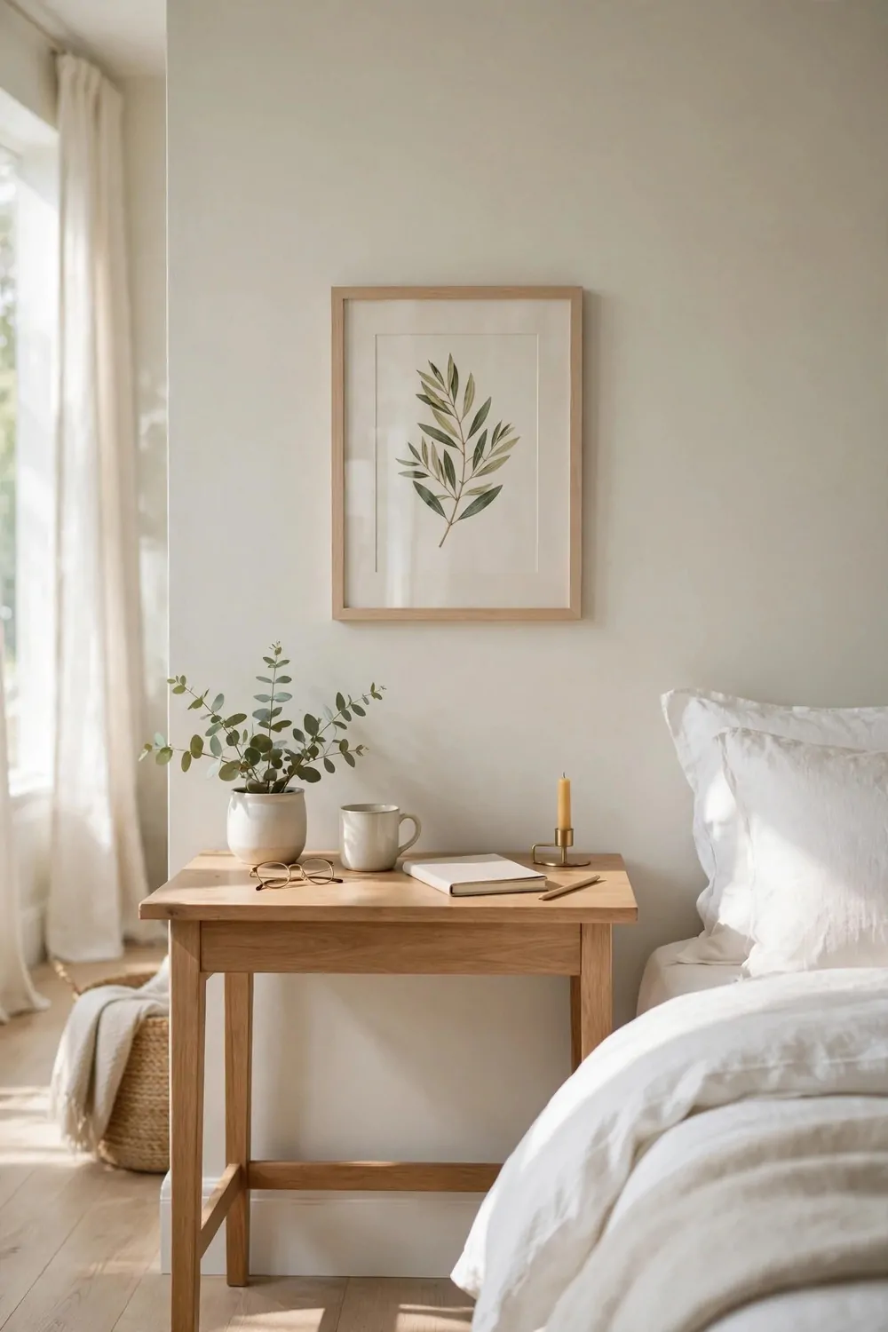 15 Office in Bedroom Master Layouts That Feel Luxe 6 One framed leaf print in a pale wood frame above a desk in a master bedroom, eye level