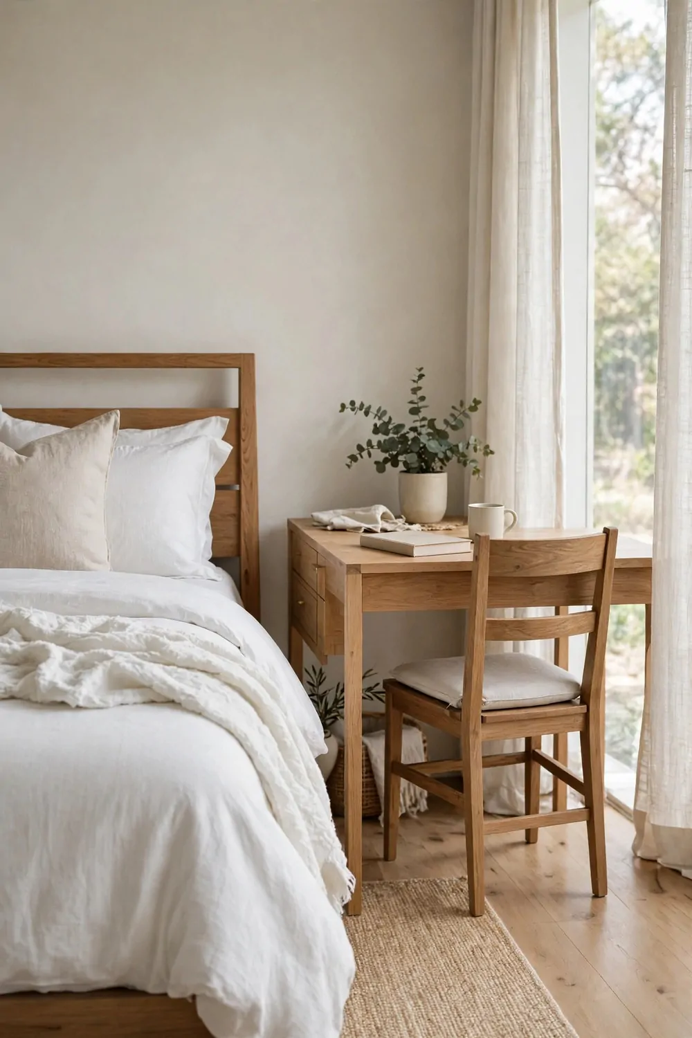 15 Office in Bedroom Master Layouts That Feel Luxe 7 A proper wooden chair with a thin pale cushion tucked under a desk in a master bedroom