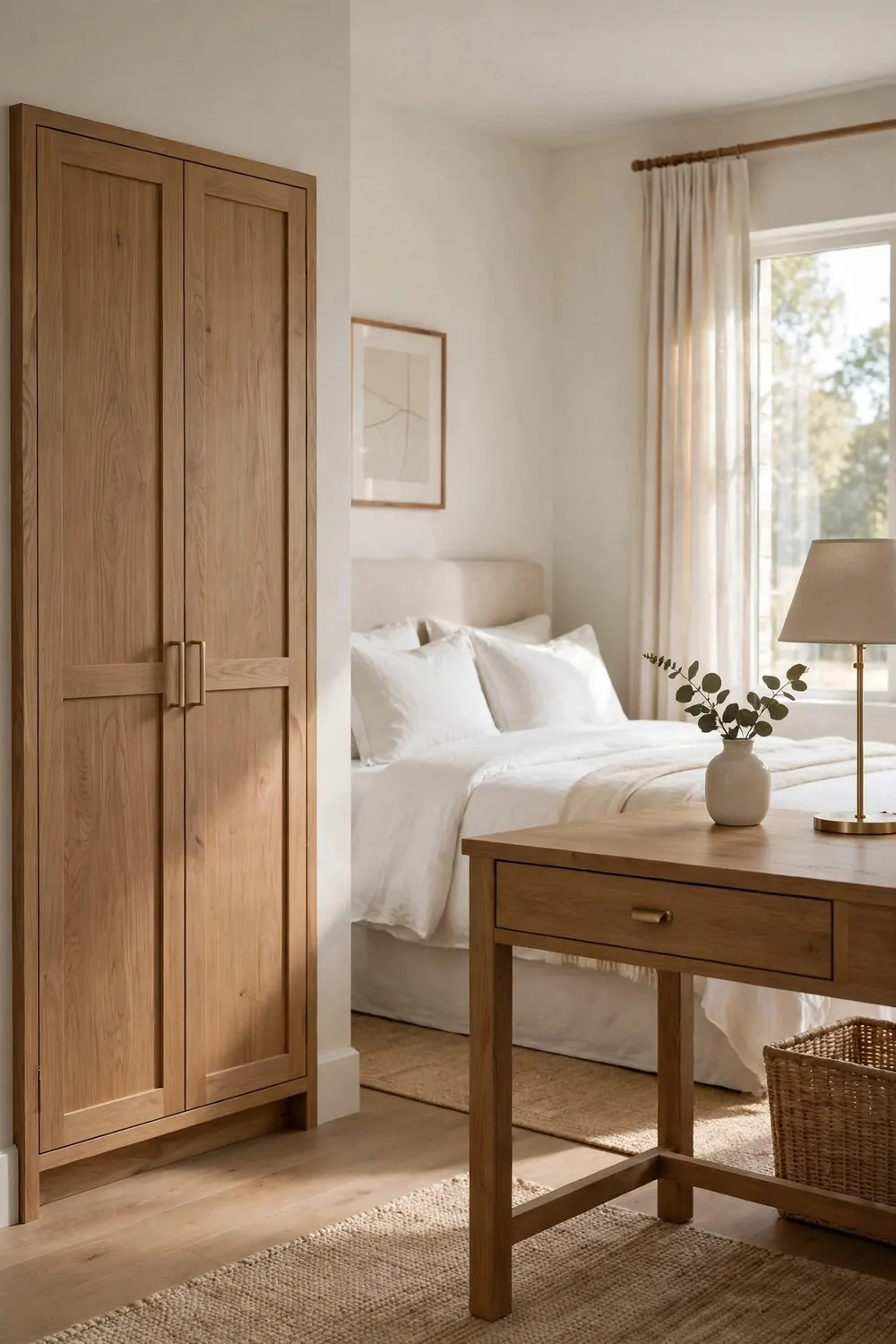 15 Office in Bedroom Master Layouts That Feel Luxe 8 A closed cupboard and a desk drawer hiding work papers in a master bedroom, tidy, calm
