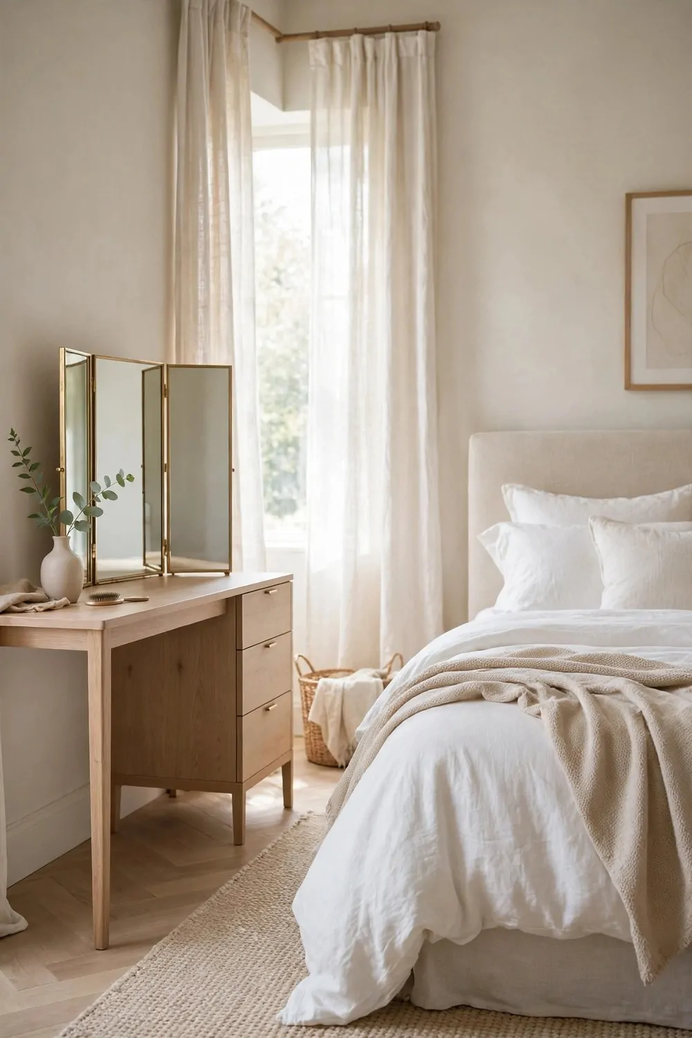 15 Office in Bedroom Master Layouts That Feel Luxe 9 A slim dressing-table desk with a folding mirror in a master bedroom, small vase with one green stem