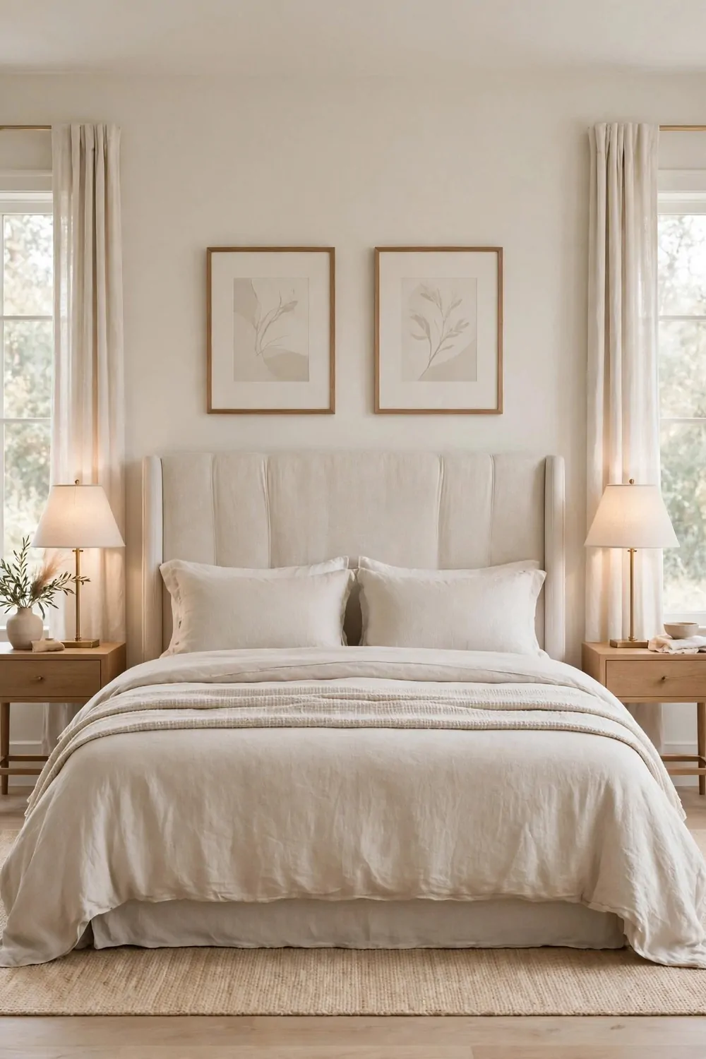 15 Office in Bedroom Master Layouts That Feel Luxe 10 A symmetrical master bedroom, two matching bedside lamps, two matching pictures, two pale cushions on the bed