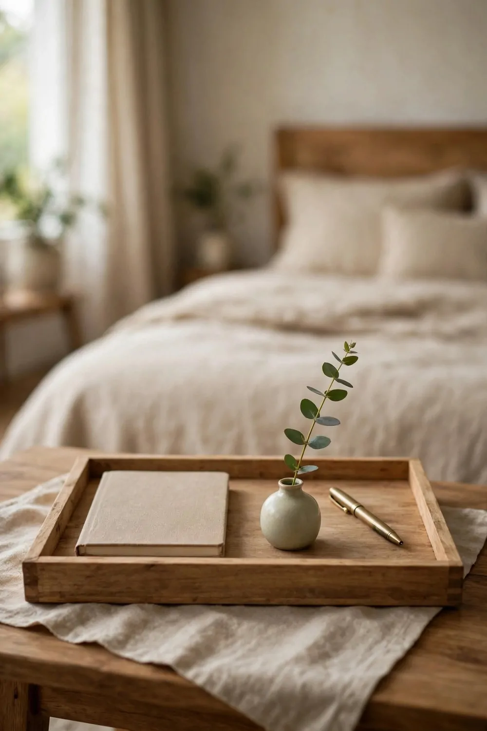 15 Office in Bedroom Master Layouts That Feel Luxe 11 A plain wooden tray with a pen and notebook and a small vase with one green stem on a desk in a master bedroom