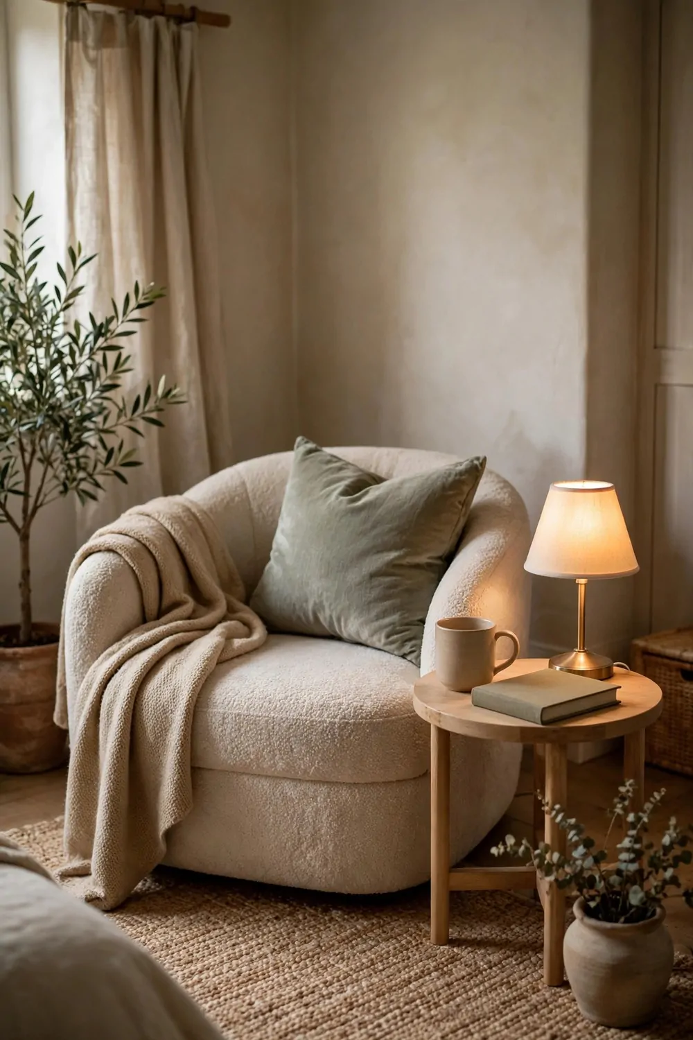 15 Office in Bedroom Master Layouts That Feel Luxe 12 A quiet reading corner in a master bedroom, soft chair, small warm lamp, tiny table with a book and mug