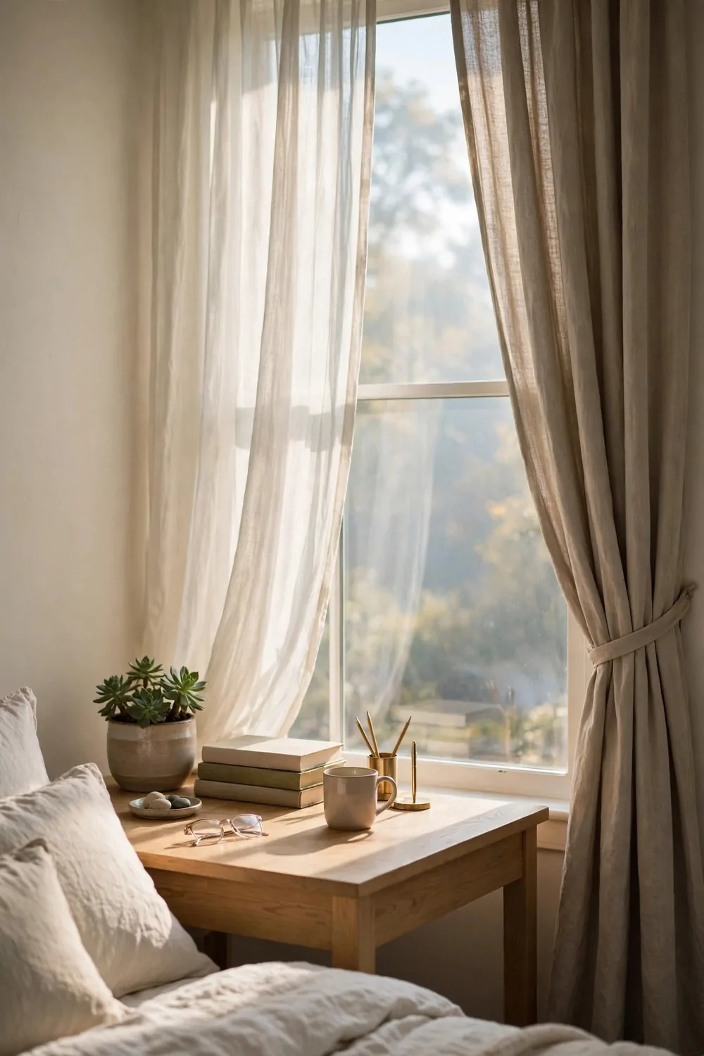 15 Office in Bedroom Master Layouts That Feel Luxe 13 A master bedroom window with a thin pale curtain and a thicker curtain, desk beside it in morning light