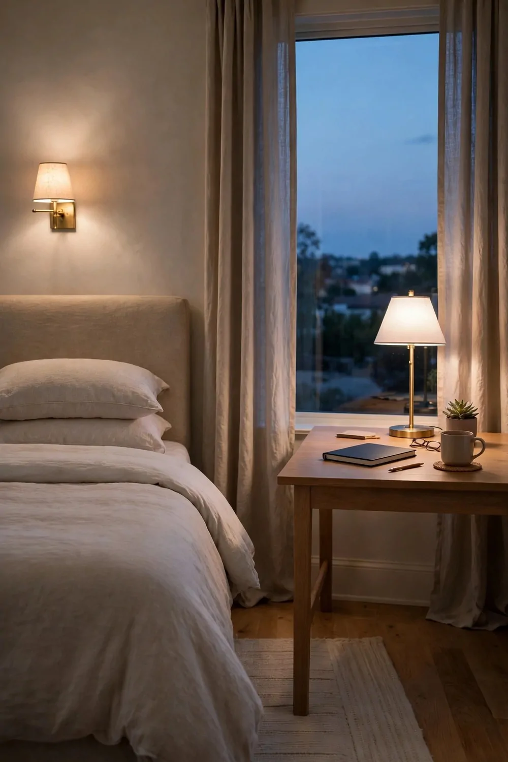 15 Office in Bedroom Master Layouts That Feel Luxe 14 A made bed and a clear tidy desk in a master bedroom at dusk, lamps on low, calm evening