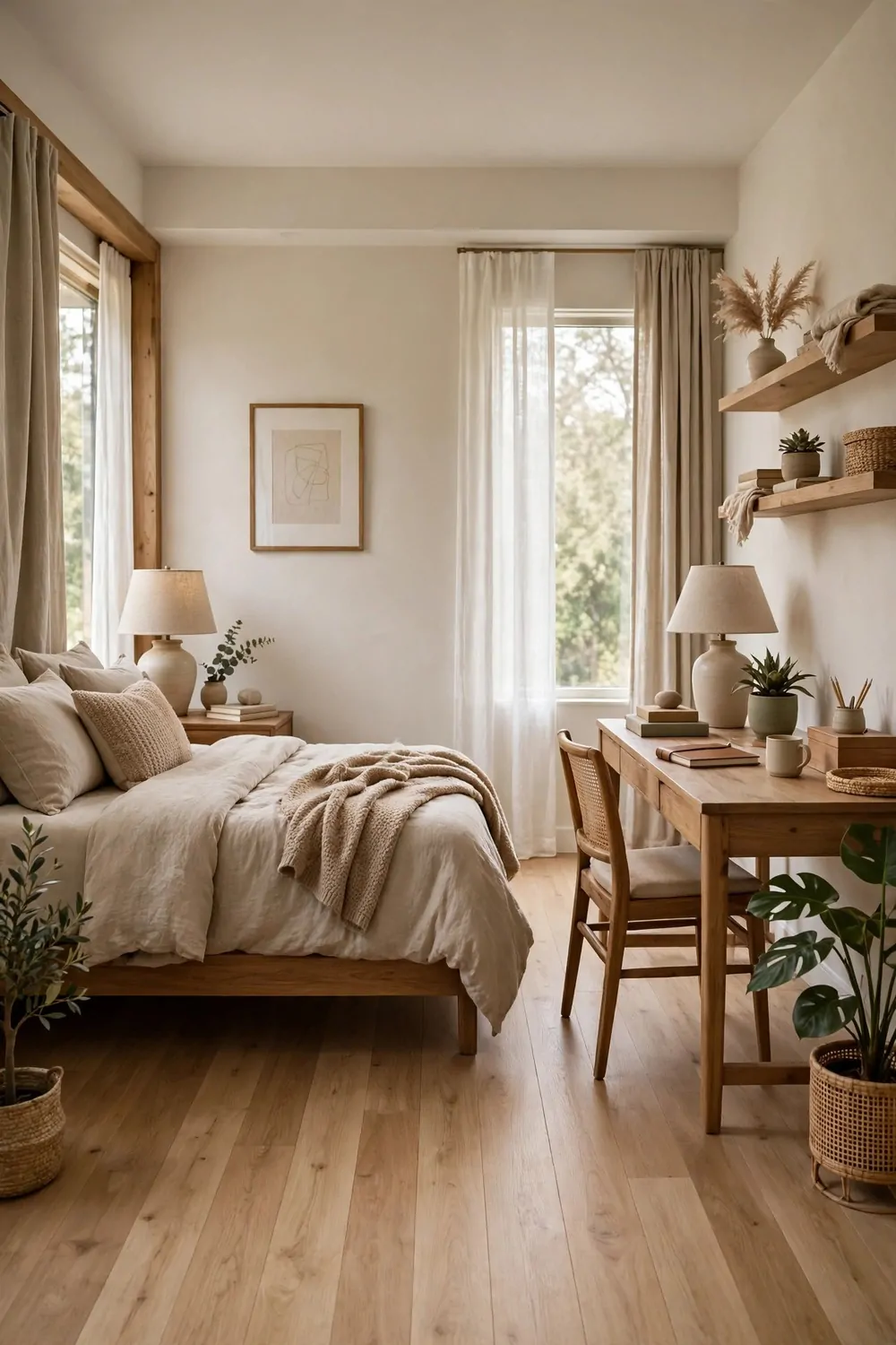 15 Office in Bedroom Master Layouts That Feel Luxe 15 A master bedroom with a clear empty wooden floor in the middle, bed on one side and desk on the other