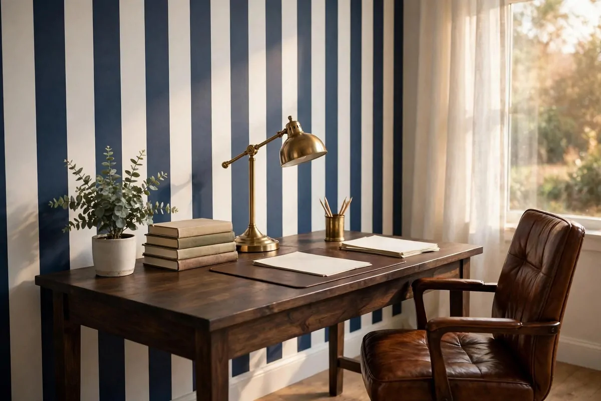 15 Ralph Lauren Office Inspiration Looks With Classic Charm 1 A dark wood desk with a brass lamp, plain books, a small potted plant and blank papers against a navy and white striped wall, with a brown leather chair by a sunlit window.