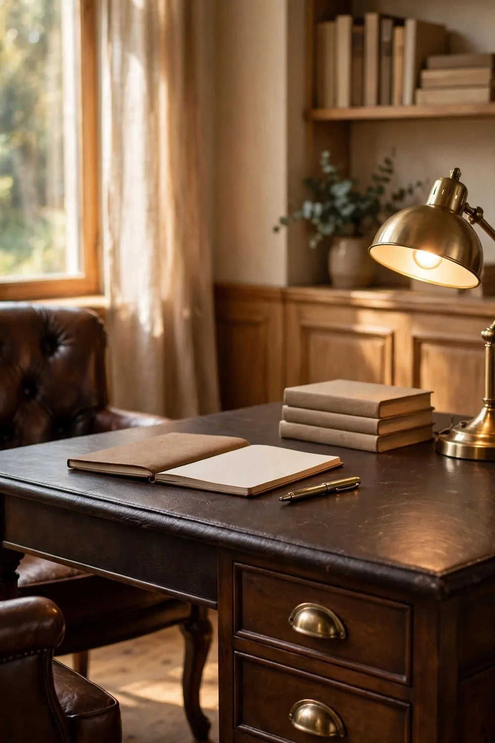 15 Ralph Lauren Office Inspiration Looks With Classic Charm 2 A dark brown leather-topped desk with brass drawer pulls, a lit brass desk lamp at the right edge, an open blank notebook with a brass pen, plain books, and a leather chair partly visible beside a sunlit window.
