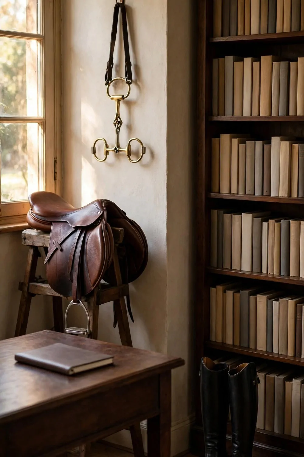 15 Ralph Lauren Office Inspiration Looks With Classic Charm 3 A brown leather riding saddle on a wooden stand, a brass horse bit on a leather strap hung on the wall, a dark wood desk with a closed notebook, tall black riding boots, and a bookshelf of plain books.