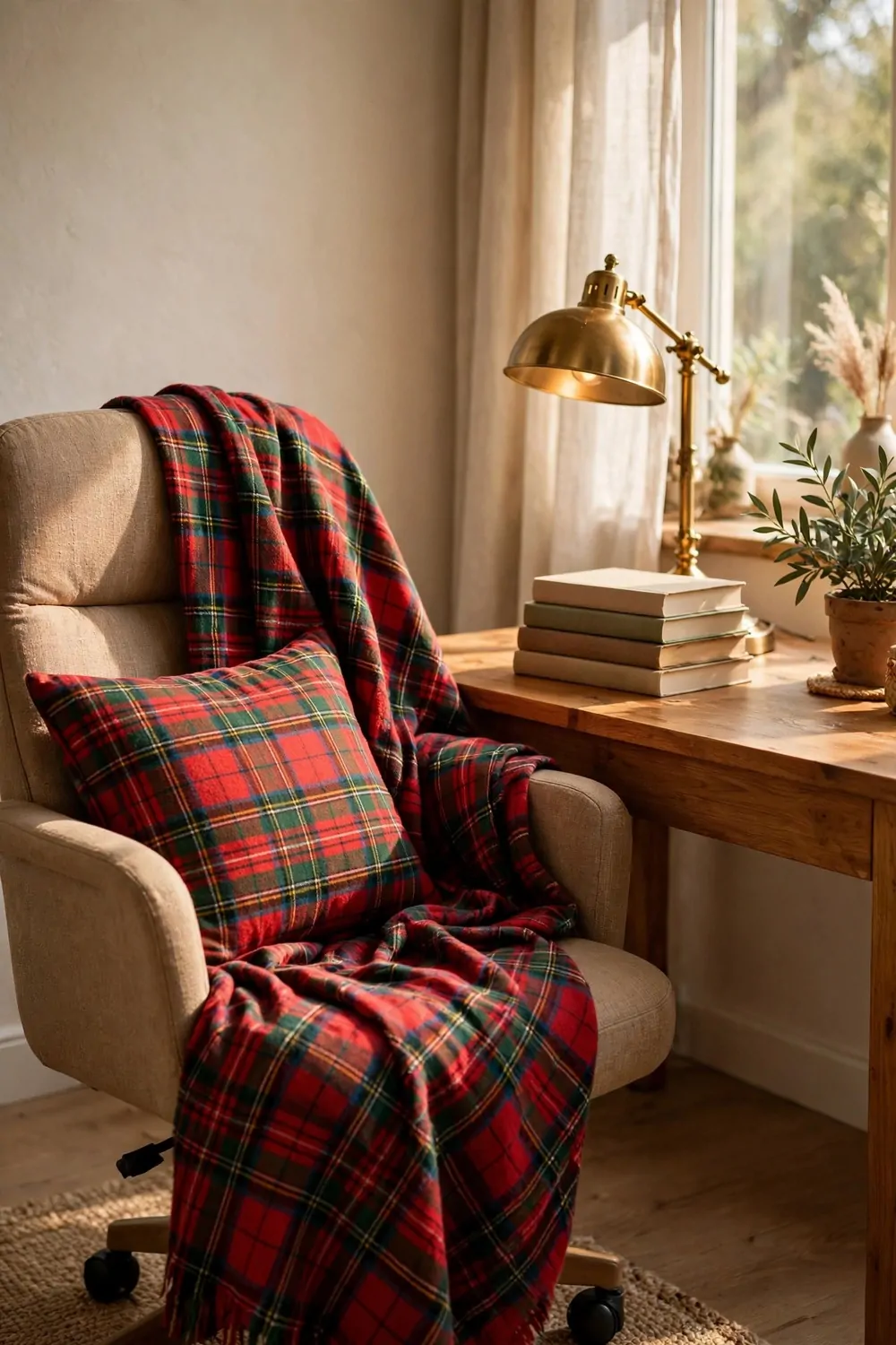 15 Ralph Lauren Office Inspiration Looks With Classic Charm 4 A beige chair draped with a red and green tartan plaid throw and a matching cushion, beside a wood desk with a brass lamp, plain books, and a small potted plant.