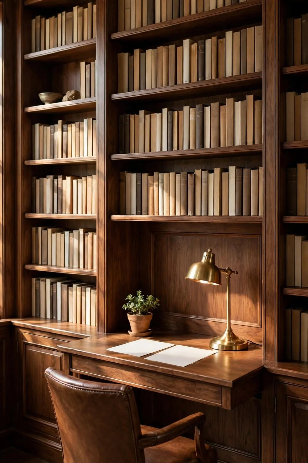 15 Ralph Lauren Office Inspiration Looks With Classic Charm 5 A full wall of dark wood built-in bookcases filled with plain books, a wooden desk fitted into the middle with a brass lamp, blank papers and a small plant, and a brown leather chair seen from behind.
