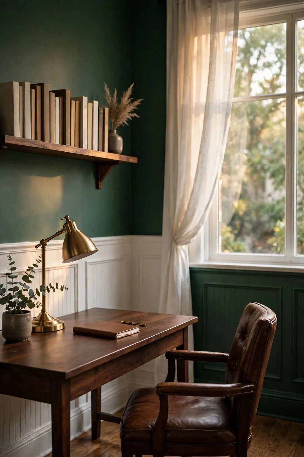 15 Ralph Lauren Office Inspiration Looks With Classic Charm 6 Deep green walls with white wainscoting, a dark wood desk with a brass lamp and a closed notebook, a brown leather chair, a shelf of plain books, and a sunlit window with white curtains.