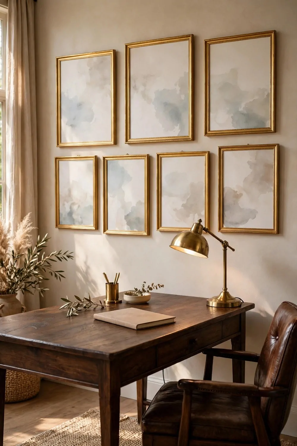 15 Ralph Lauren Office Inspiration Looks With Classic Charm 7 A gallery wall of seven gold frames with faint abstract washes above a dark wood desk with a brass lamp, a blank notebook and a pen cup, with a leather chair partly visible at the right edge.