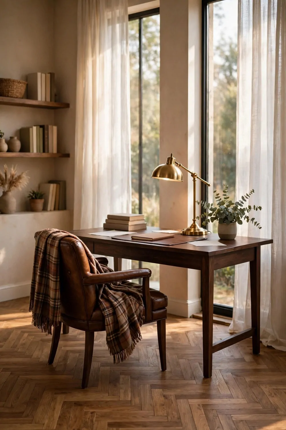 15 Ralph Lauren Office Inspiration Looks With Classic Charm 8 A herringbone wood floor, a dark wood desk with a brass lamp, plain books and blank papers, a brown leather chair draped with a plaid throw, and tall windows with sheer curtains.