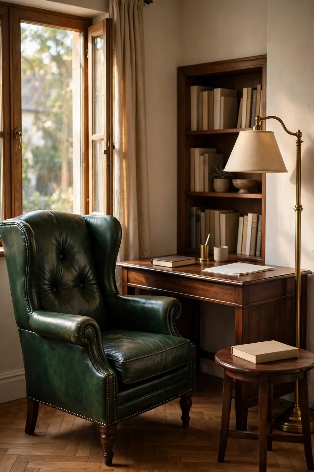15 Ralph Lauren Office Inspiration Looks With Classic Charm 9 A deep green tufted leather wingback armchair beside a dark wood desk with plain books and blank papers, a brass floor lamp, and a small side table holding a plain blank book.