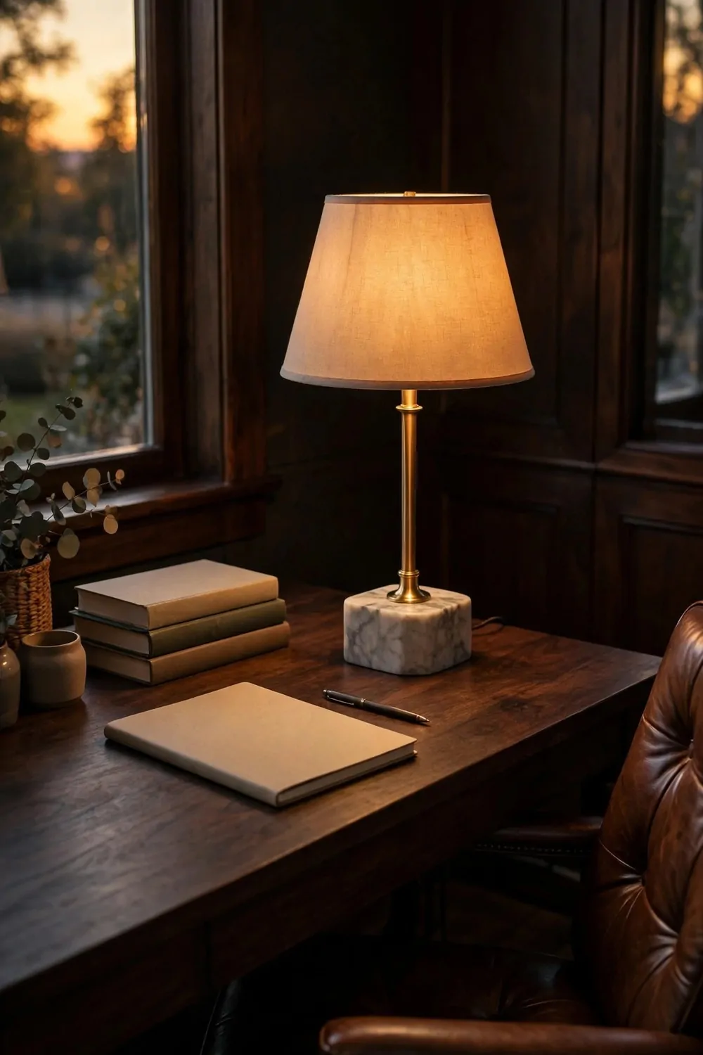 15 Ralph Lauren Office Inspiration Looks With Classic Charm 10 A dark wood desk with a marble-based table lamp with a brass stem and warm glowing shade, a blank notebook and pen, plain books, and a brown leather chair in evening light.