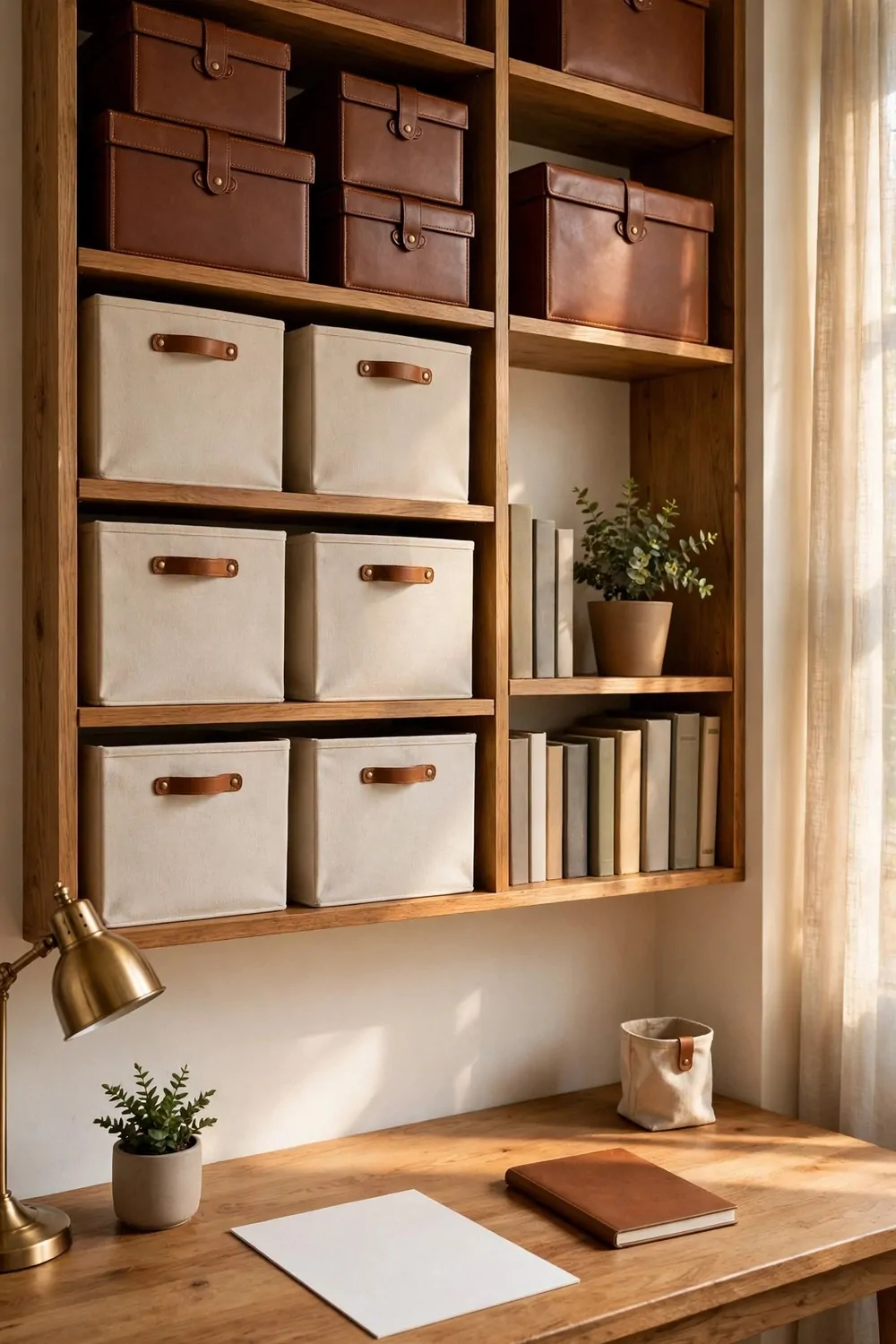 15 Ralph Lauren Office Inspiration Looks With Classic Charm 11 A wooden storage wall with saddle-brown leather boxes, cream canvas bins with leather pulls, plain books and a potted plant on shelves, and a wooden desk below with a blank sheet, a book, a small plant and a brass lamp.