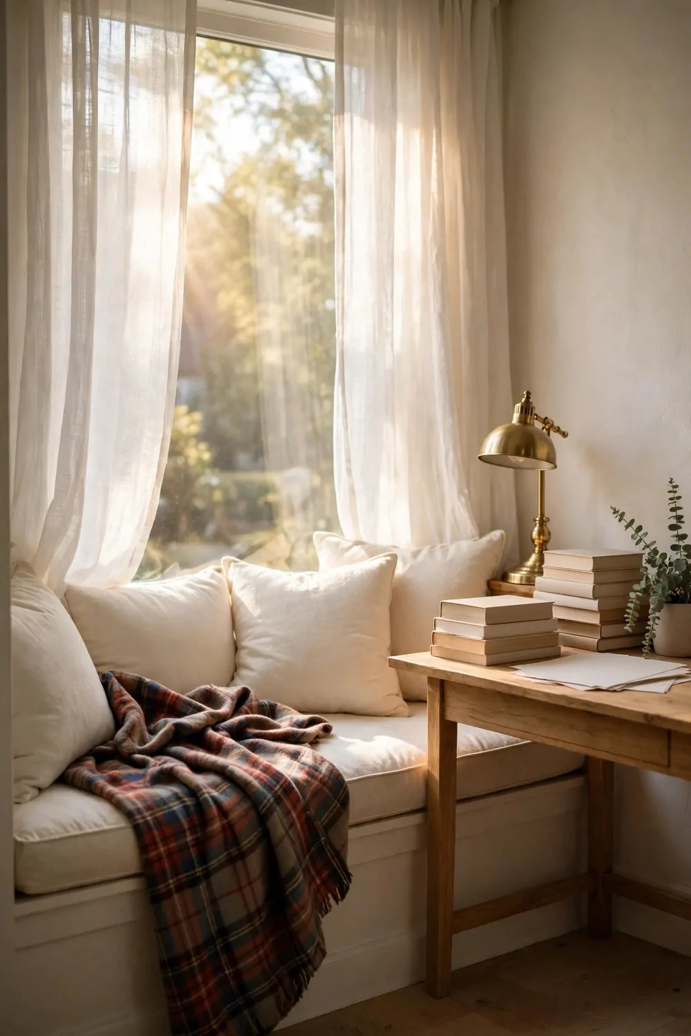 15 Ralph Lauren Office Inspiration Looks With Classic Charm 12 A bright window seat with cream cushions and a red and blue tartan plaid throw, a small wood desk beside it with plain books, a brass lamp and blank papers, and sheer curtains in warm sunlight.