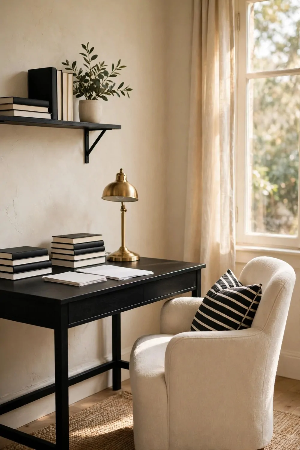 15 Ralph Lauren Office Inspiration Looks With Classic Charm 13 A black desk against cream walls with a cream upholstered chair, a black and white striped cushion, a brass lamp, plain books and blank papers, and a small wall shelf with books and a plant above.