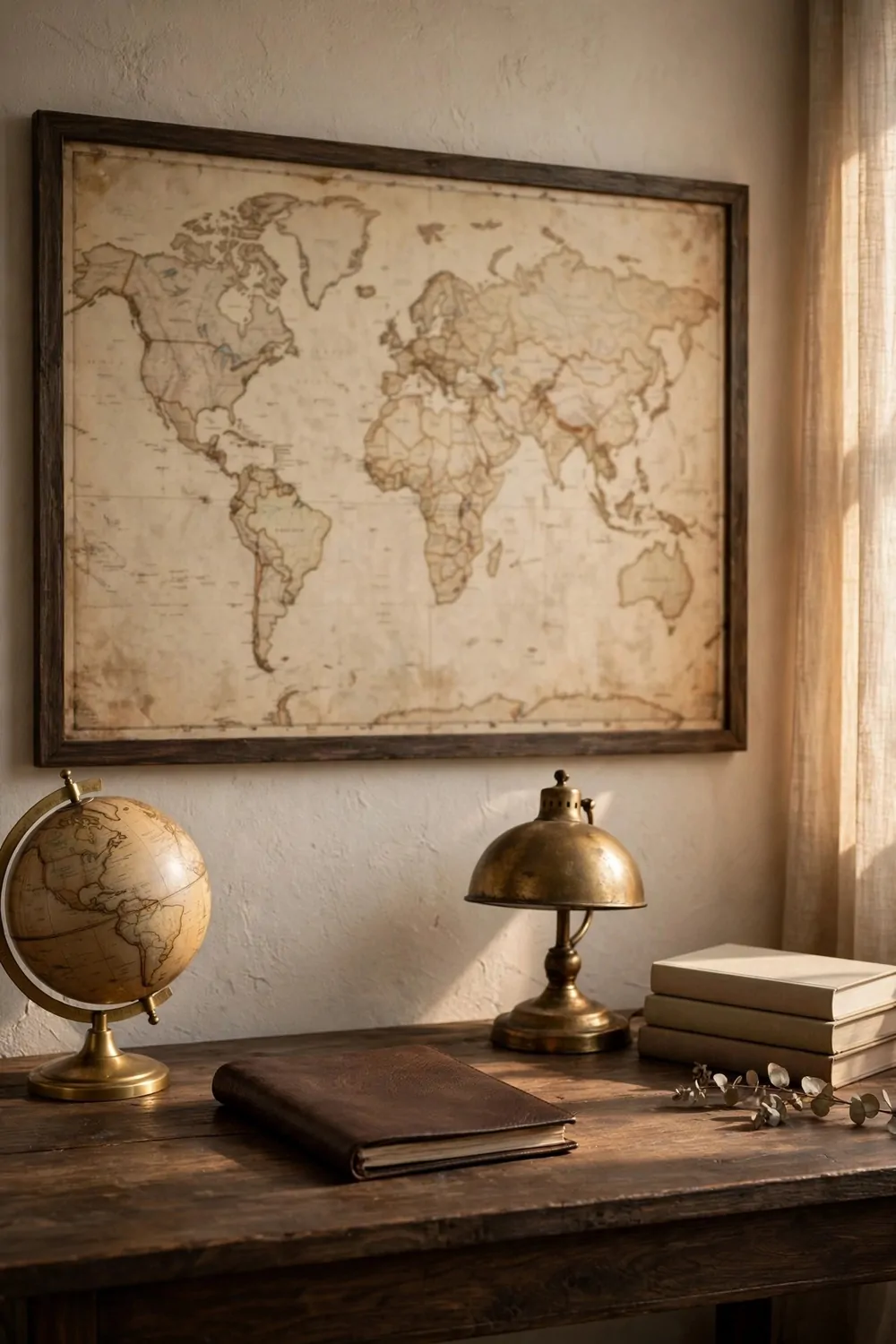 15 Ralph Lauren Office Inspiration Looks With Classic Charm 14 A large framed vintage world map with faded markings above a dark wood desk with a brass globe, a closed leather journal, a brass lamp, and a stack of plain books.