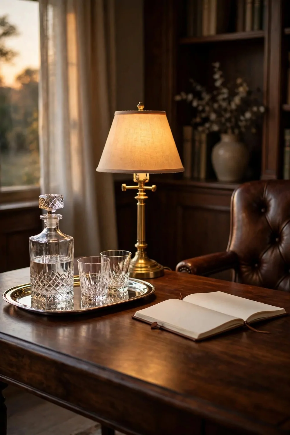 15 Ralph Lauren Office Inspiration Looks With Classic Charm 15 A polished dark wood desk with a silver tray holding a crystal decanter and two crystal glasses, a lit brass lamp, an open blank notebook, and a brown leather chair beside a bookcase.