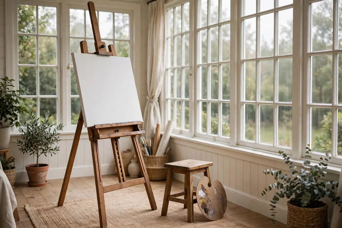 15 Sunroom Art Studio Ideas Full of Natural Light 1 Easel set up in the north-facing corner of a sunroom art studio