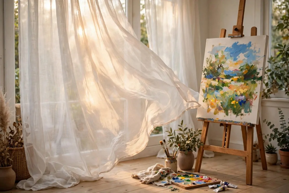 15 Sunroom Art Studio Ideas Full of Natural Light 2 Sheer linen curtains softening harsh sun in a sunroom art studio
