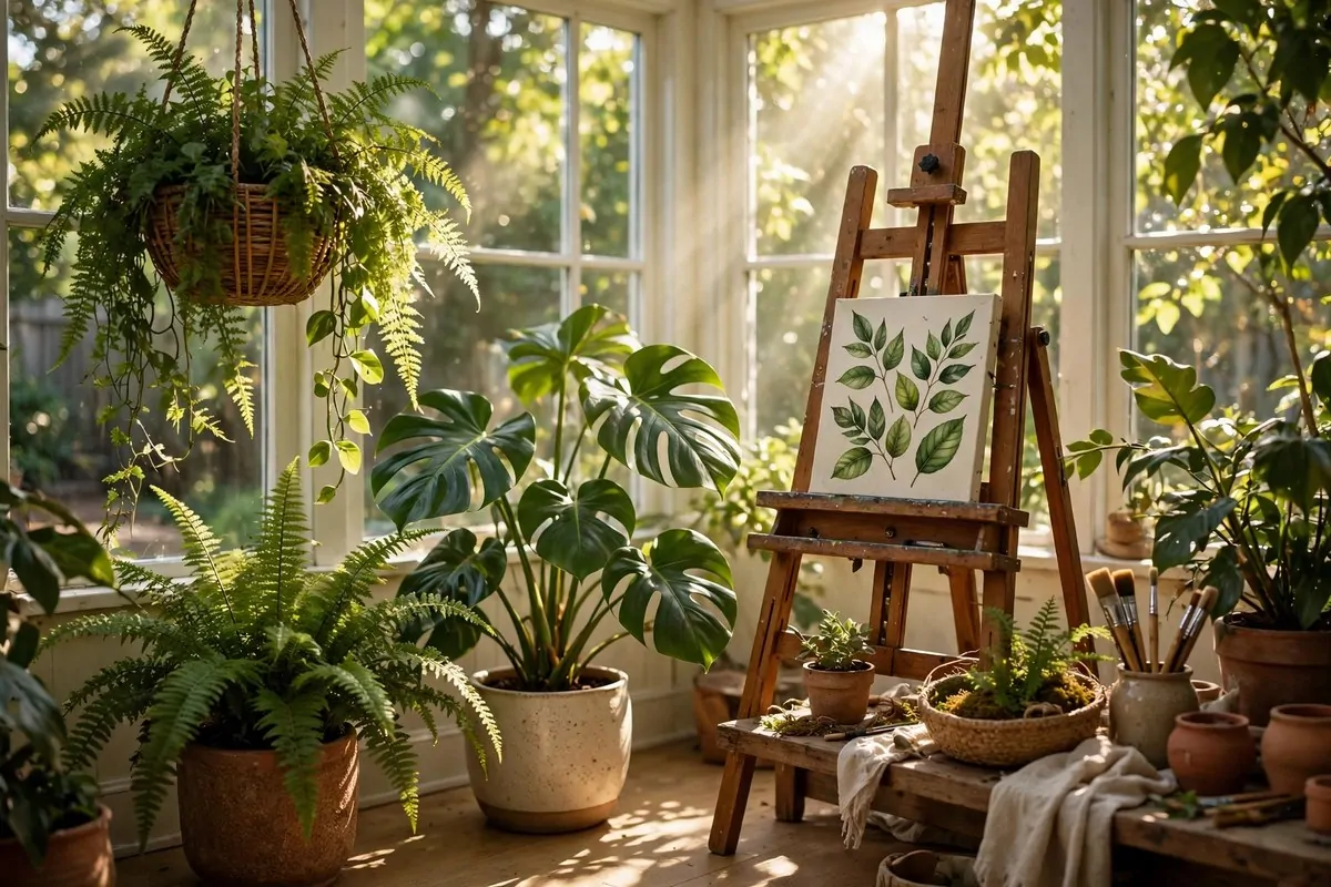 15 Sunroom Art Studio Ideas Full of Natural Light 5 Botanical corner with live plants as painting subjects in a sunroom