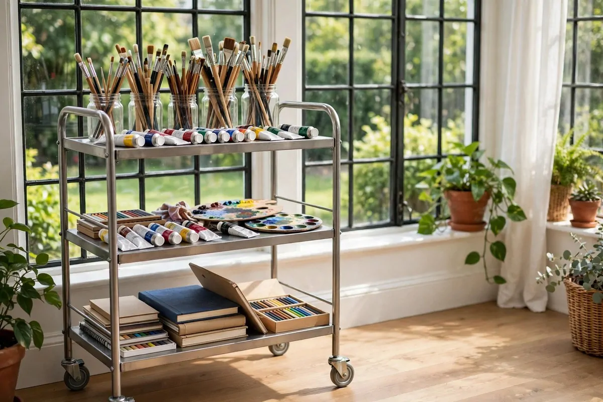 15 Sunroom Art Studio Ideas Full of Natural Light 6 Rolling studio trolley holding art supplies in a sunroom