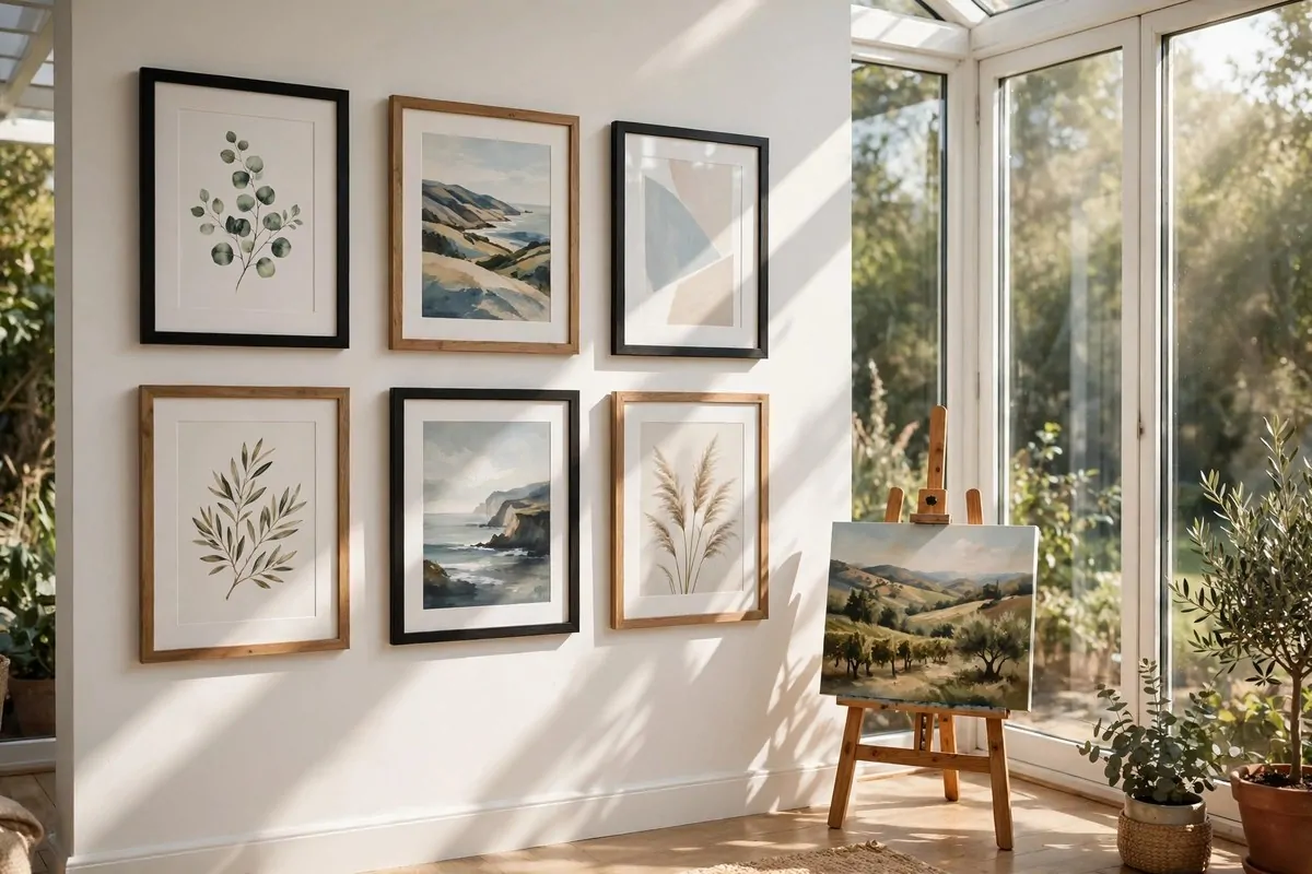 15 Sunroom Art Studio Ideas Full of Natural Light 7 Gallery wall of finished artwork in a sunroom art studio