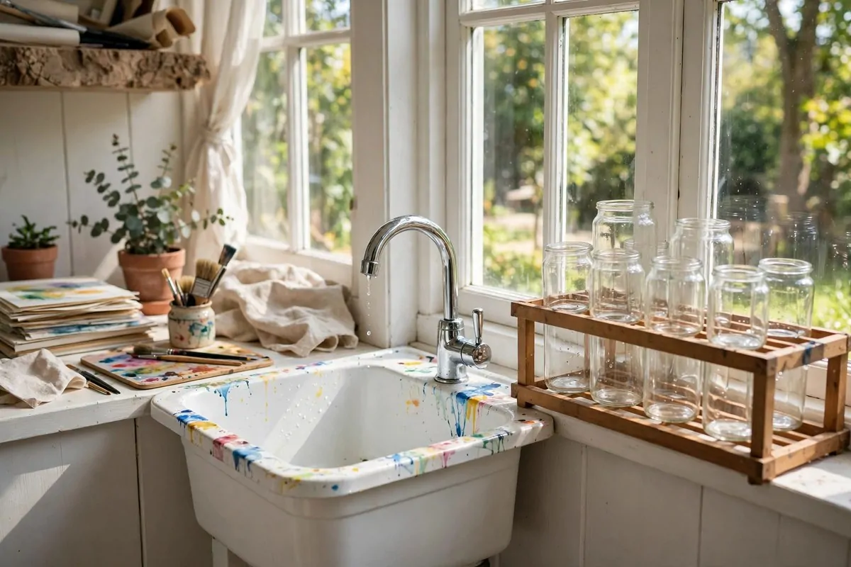15 Sunroom Art Studio Ideas Full of Natural Light 10 Small sink station for messy paint days in a sunroom studio