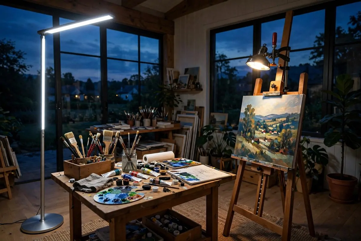 15 Sunroom Art Studio Ideas Full of Natural Light 13 Daylight-balanced lamps lighting a sunroom studio after dark