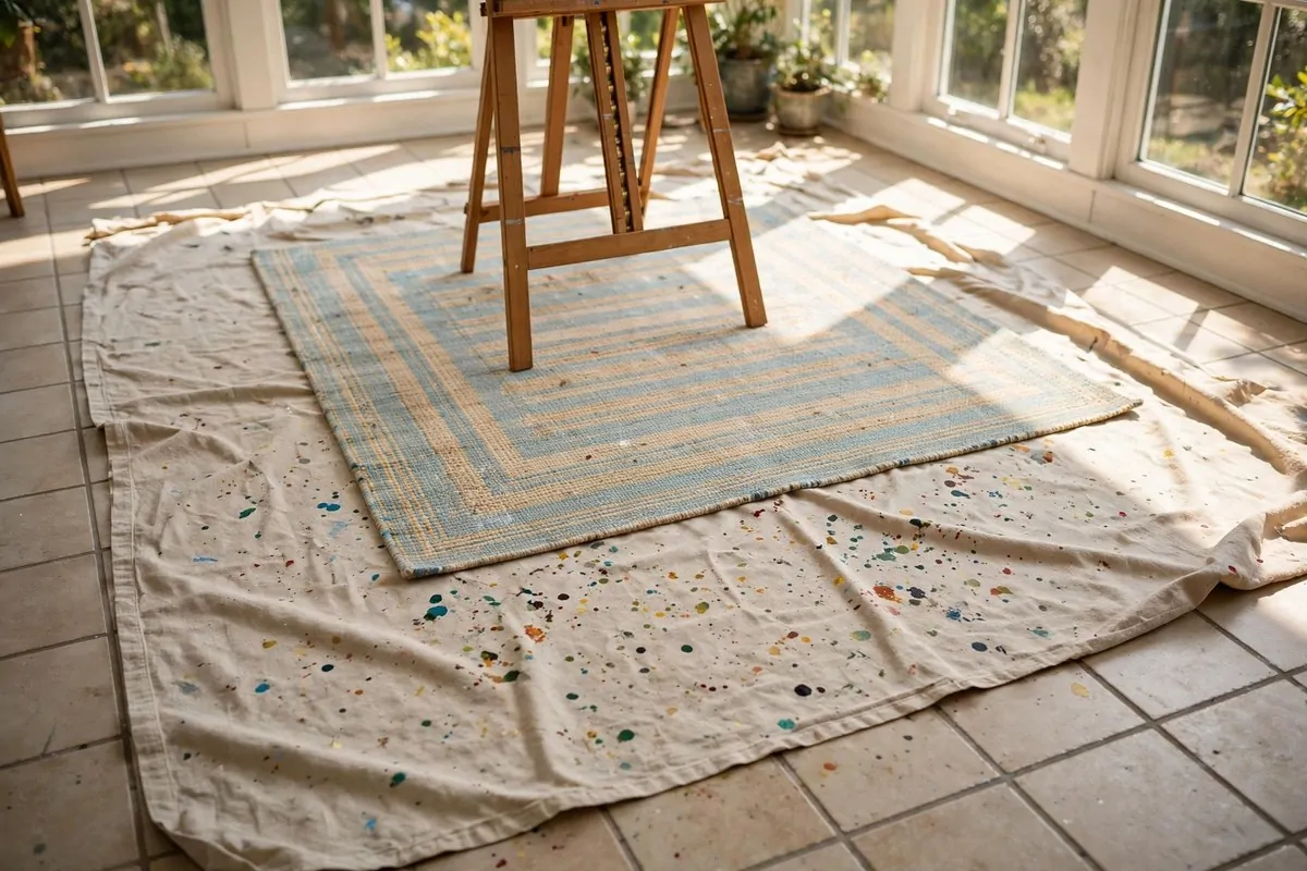 15 Sunroom Art Studio Ideas Full of Natural Light 14 Washable rugs layered under the easel in a sunroom art studio