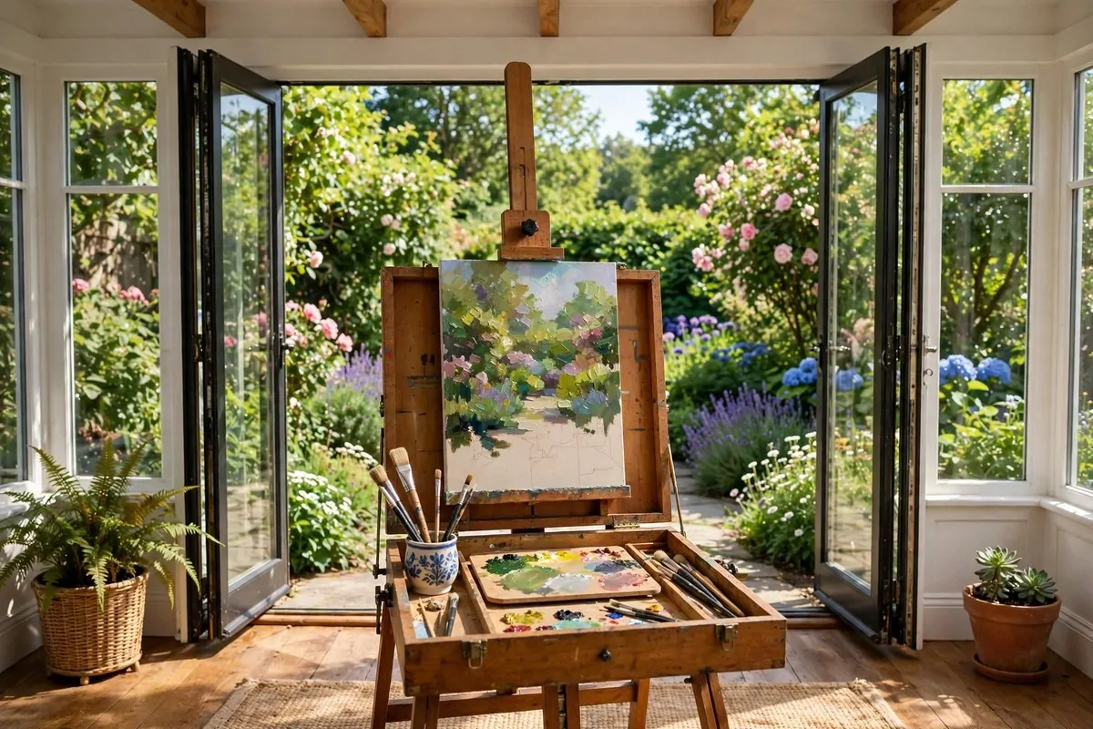 15 Sunroom Art Studio Ideas Full of Natural Light 15 Easel pointed at the garden view through sunroom glass doors