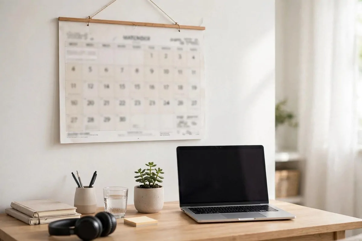 Wall calendar above a tidy desk with laptop and plant