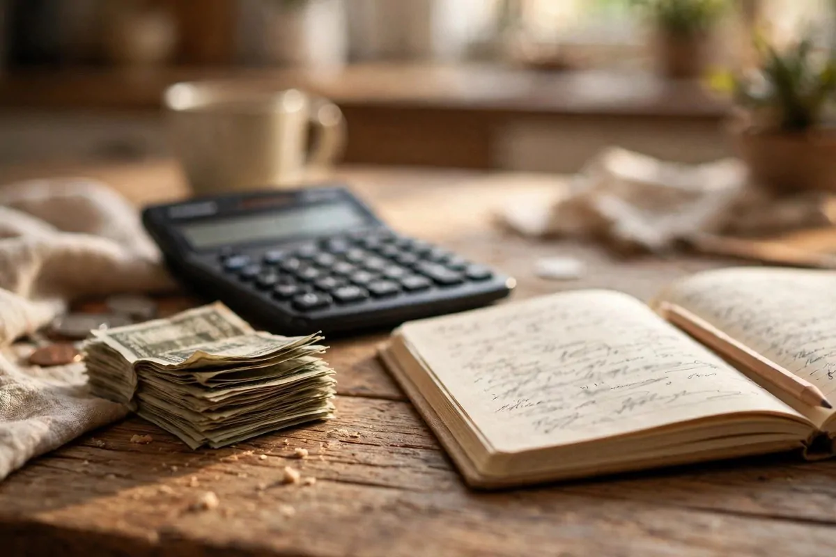 Bills, calculator and notebook on a kitchen table for monthly budgeting